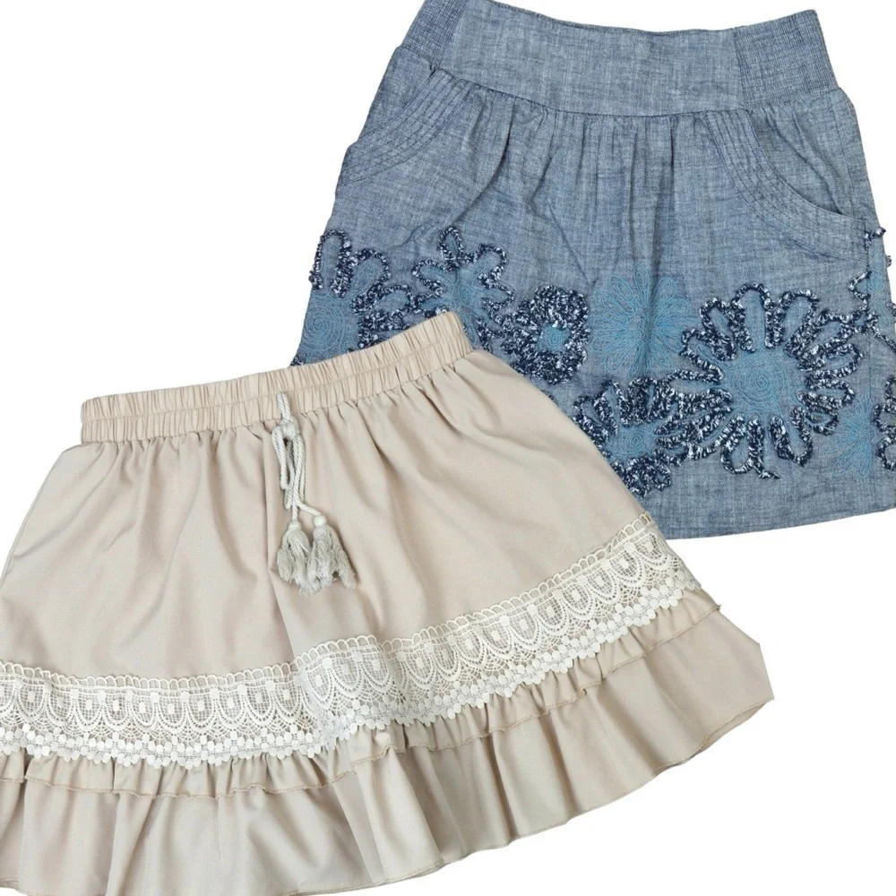 2 Pull On Mini Skirts Blue Embroidered Lace Ruffle‎ Cream Coquette Country Boho